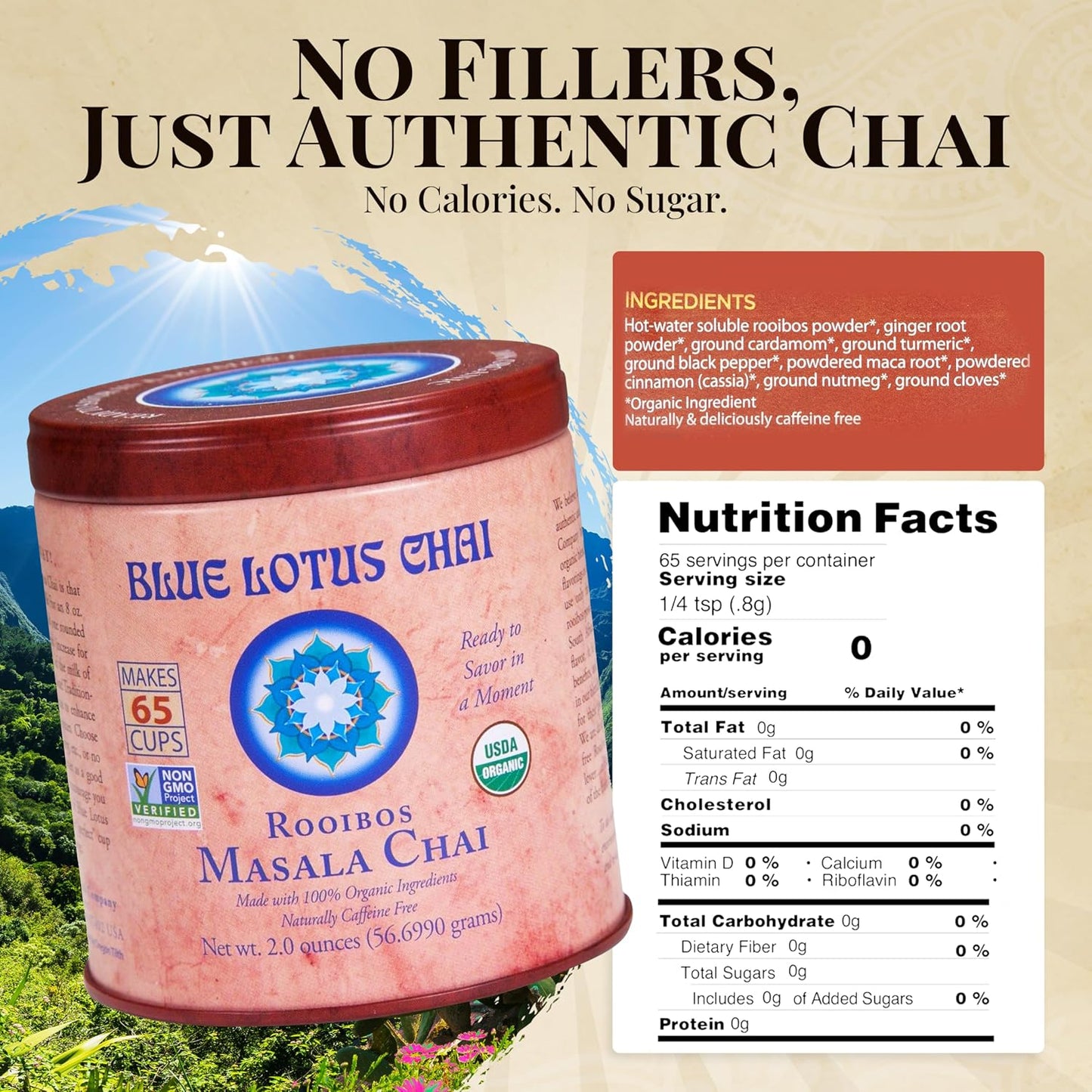 Blue Lotus Chai - Rooibos Flavor Masala Chai - Makes 65 Cups - 2 Ounce Masala Spiced Chai Powder with Organic Spices - Instant Indian Tea No Steeping - No Gluten
