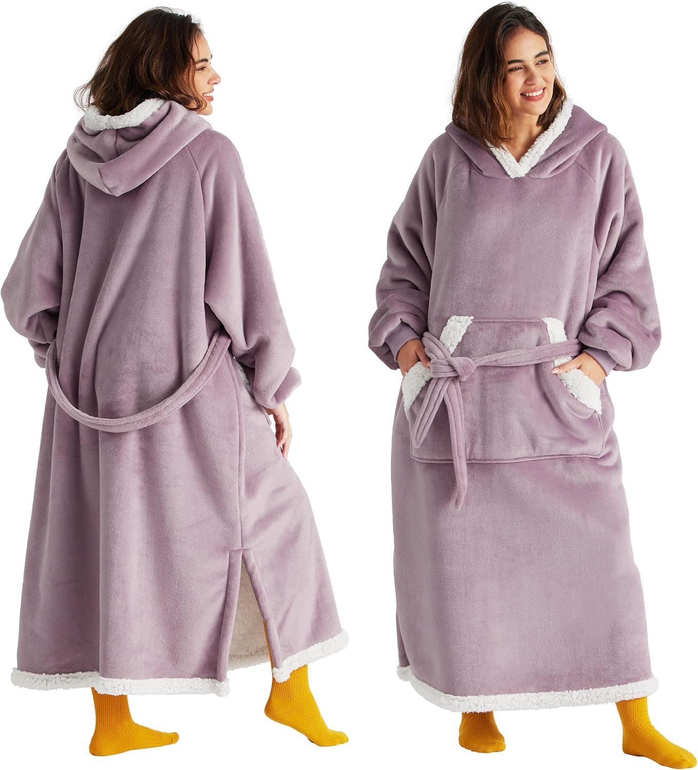 Bedsure Wearable Blanket Hoodie, Long Hooded Blanket Sweatshirt as Mothers Birthday Gifts for Women, Cozy Sherpa Hoodie for Adult, Standard, Grey