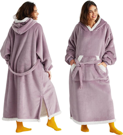 Bedsure Wearable Blanket Hoodie, Long Hooded Blanket Sweatshirt as Mothers Birthday Gifts for Women, Cozy Sherpa Hoodie for Adult, Standard, Grey