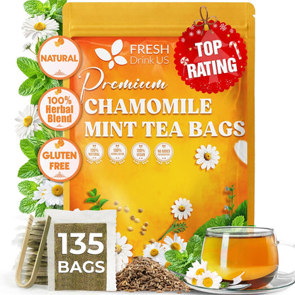FreshDrinkUS, Chamomile Mint Tea Bags | 135 Count | Refreshing Herbal Blend of Chamomile Flower, Peppermint, Lemon Balm & Others – Smooth Floral & Minty Flavor – Premium Quality, Caffeine-Free