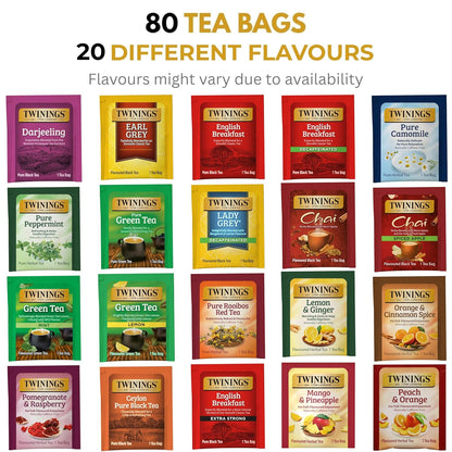 Twinings Tea Sampler Collection – 80 Tea Bags, 20 Flavours/Assorted Tea, Gift Set in Decorative Bamboo Box – Wooden Organizer Tea Chest Included – Ideal for Home, Office, Family & Friends (Bamboo Box)