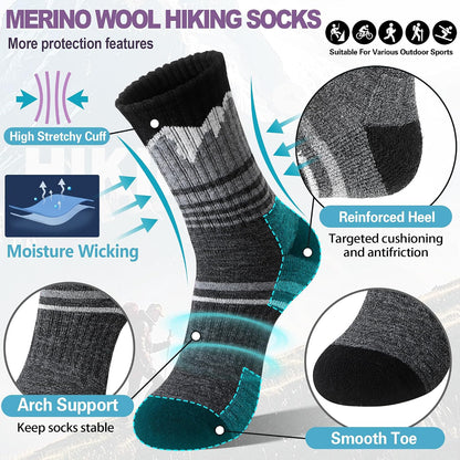 Sandsuced Merino Wool Hiking Warm Socks Thermal Winter Cozy Crew with Cushioned Sole & Moisture Wicking 5 Pairs for Women