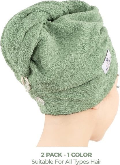 American Soft Linen 100% Cotton Hair Towels for Women, Head Towel Cap, Cotton Hair Turban Towel Wrap for Long Curly Anti Frizz Hair, Soft and Absorbent Cotton Hair Towels 2 Pack, White