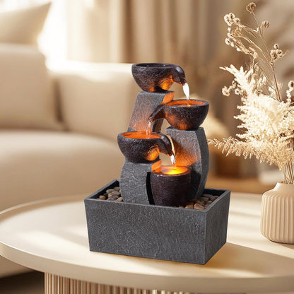 GOSSI Tabletop Water Fountain with LED Lights, Indoor Waterfall Fountain with Cascading Bowls and Pebbles, Small Desk Fountain for Home Office Decor