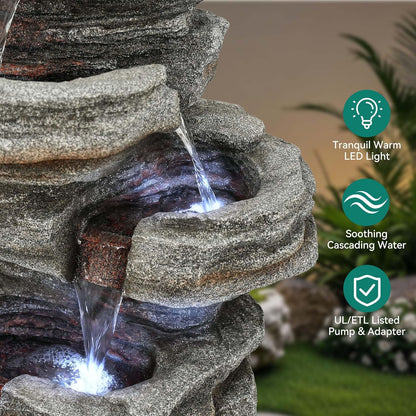 19.5" H 4-Tier Indoor & Outdoor Water Fountain with LED Lights | Resin Pebble Textured Tabletop Cascading Water Feature, Relaxing Decor for Patio, Porch, Deck, Yard & Home