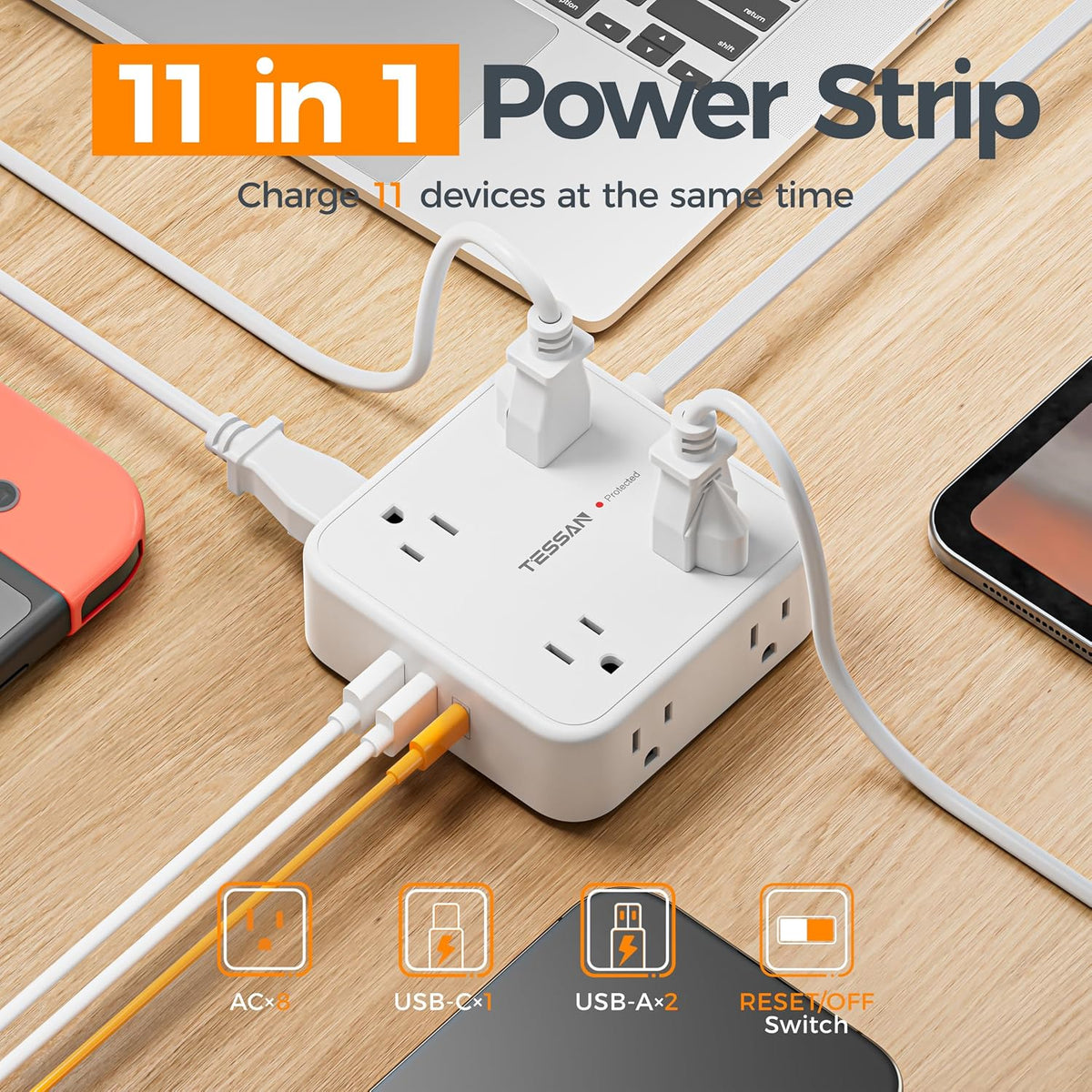 TESSAN Surge Protector Power Strip with 900J Surge Protection, 5 Ft, Grey