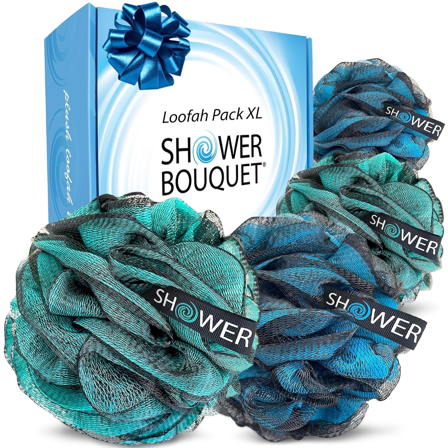 SHOWER BOUQUET Loofah-Charcoal Bath-Sponge XL-Color-4-Pack // Extra Large 75g Soft Mesh Black Luffa Loofa Loufa Puff Set/Exfoliating Body Scrubber for Women and Men - Exfoliate & Soothe Face & Body