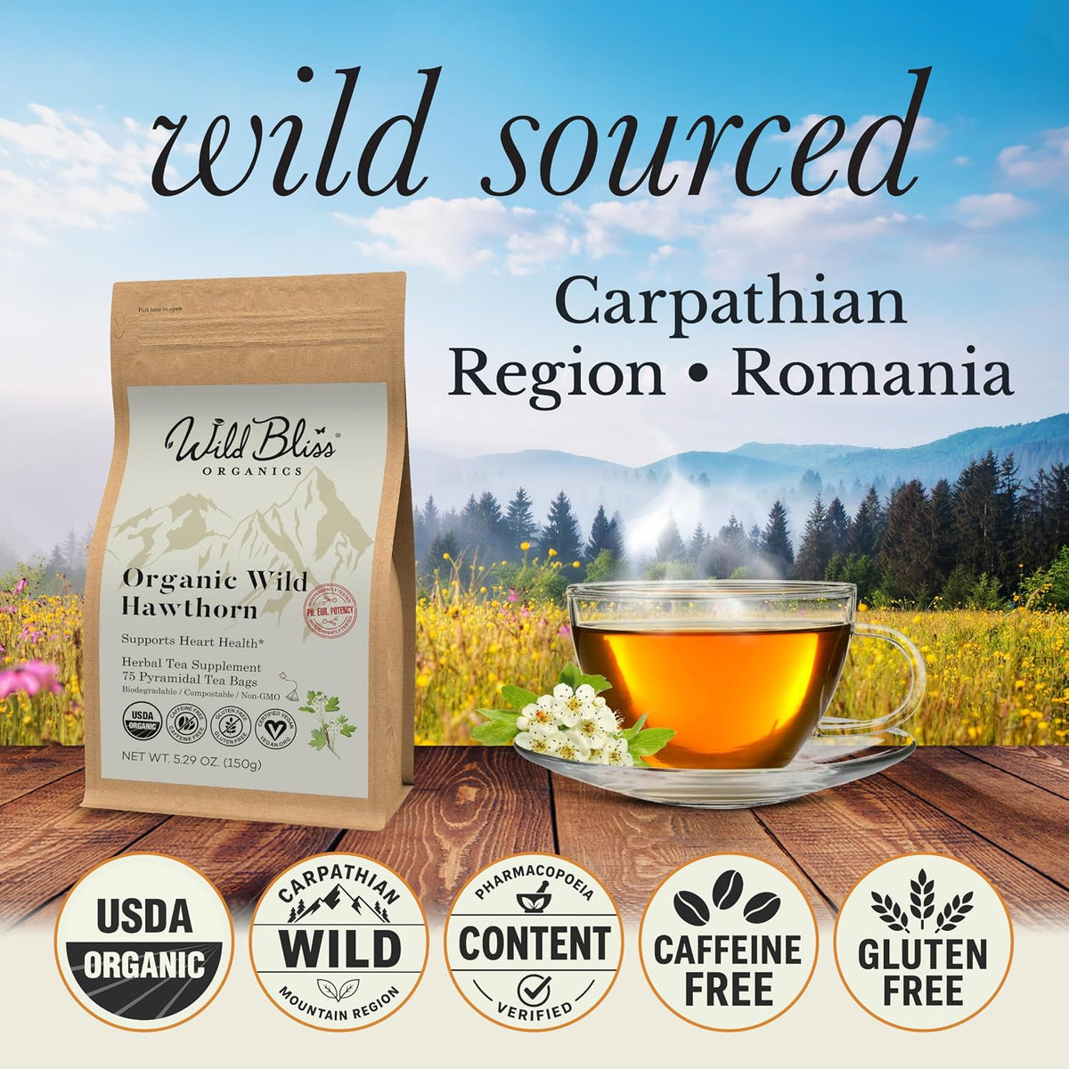 Wild Bliss Organic Hawthorn Leaf and Flower Tea, 75 Tea Bags