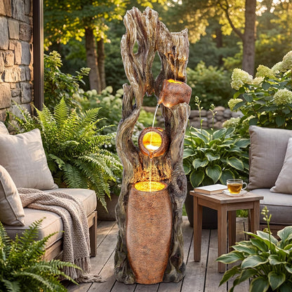 19.5" H 4-Tier Indoor & Outdoor Water Fountain with LED Lights | Resin Pebble Textured Tabletop Cascading Water Feature, Relaxing Decor for Patio, Porch, Deck, Yard & Home