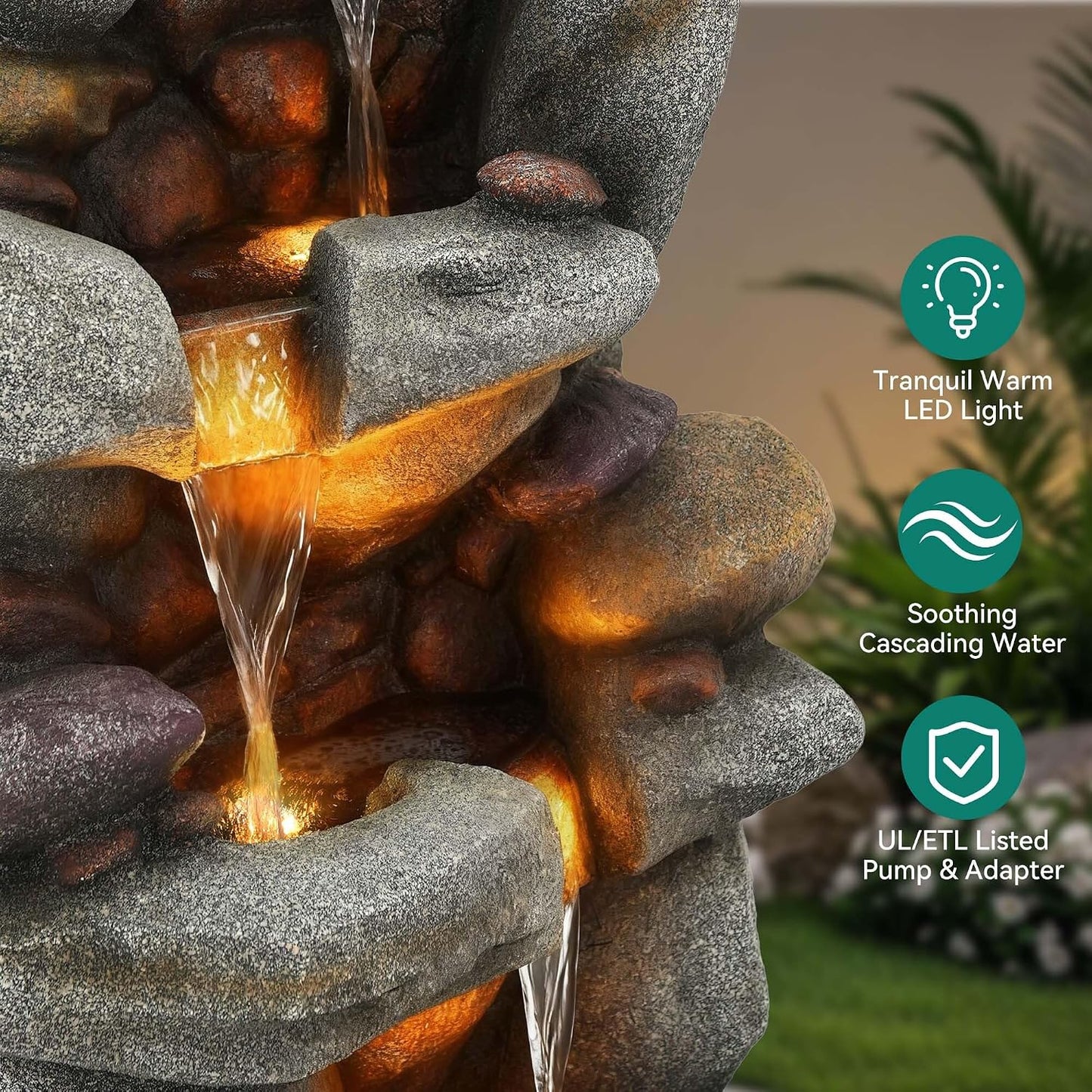 19.5" H 4-Tier Indoor & Outdoor Water Fountain with LED Lights | Resin Pebble Textured Tabletop Cascading Water Feature, Relaxing Decor for Patio, Porch, Deck, Yard & Home