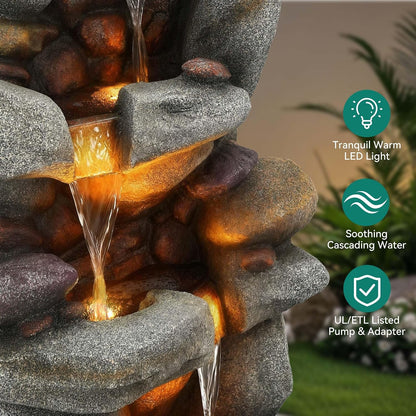 19.5" H 4-Tier Indoor & Outdoor Water Fountain with LED Lights | Resin Pebble Textured Tabletop Cascading Water Feature, Relaxing Decor for Patio, Porch, Deck, Yard & Home