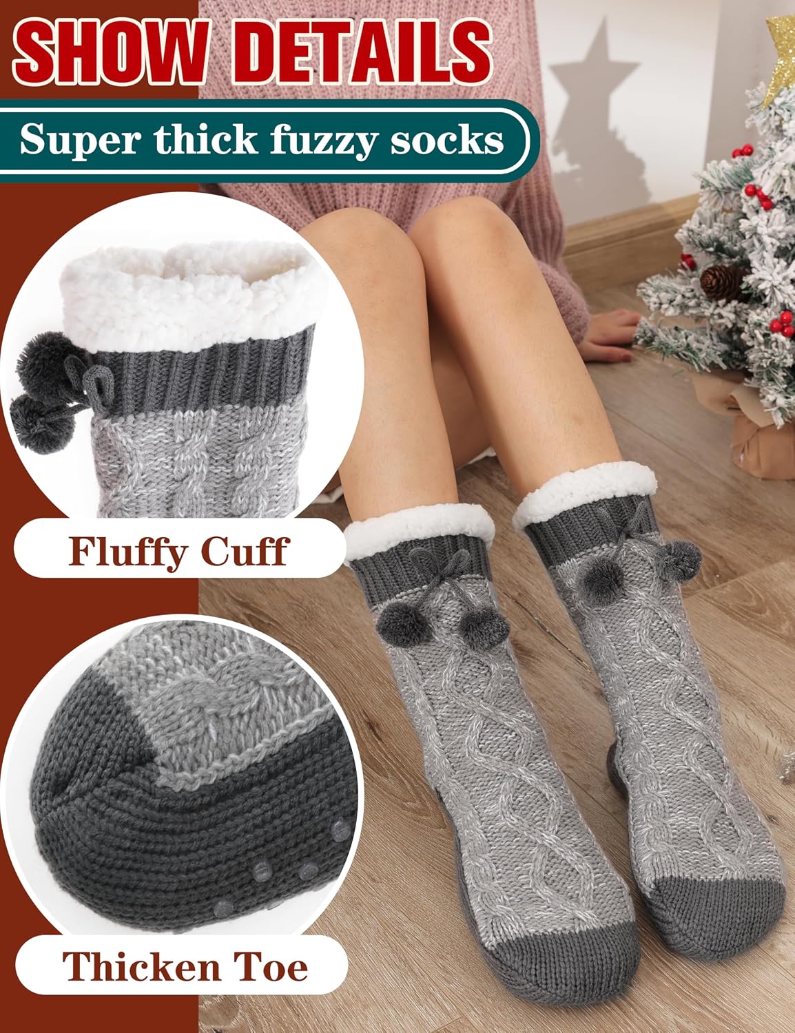 Welwoos Womens Slipper Fuzzy Grips Socks Fluffy Winter Warm Thick Thermal Cozy Plush Non Slip Cabin Soft Fleece Socks