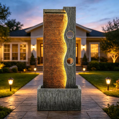 19.5" H 4-Tier Indoor & Outdoor Water Fountain with LED Lights | Resin Pebble Textured Tabletop Cascading Water Feature, Relaxing Decor for Patio, Porch, Deck, Yard & Home
