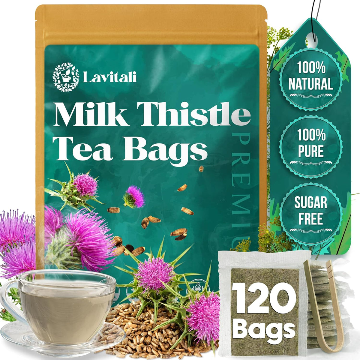 Lavitali, Milk Thistle Tea Bags | 120 bags, 100% Pure Herbal Tea | Caffeine-Free, Antioxidant-Rich, Eco-Friendly Filter Bags | Daily Natural Botanical, Hot or Iced Herbal Infusion