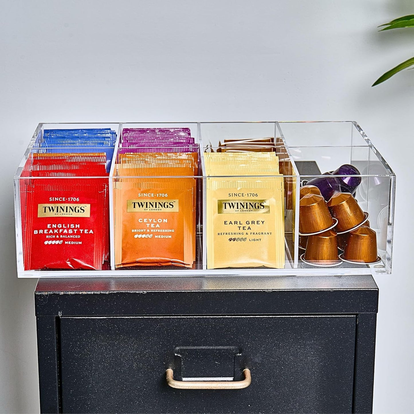 Heavy-Duty Acrylic Tea Bag Organizer, 8-Compartment Storage Box | Perfect Organizer: 8-compartment design keeps tea bags and coffee pods neatly sorted, saving space on your countertop.