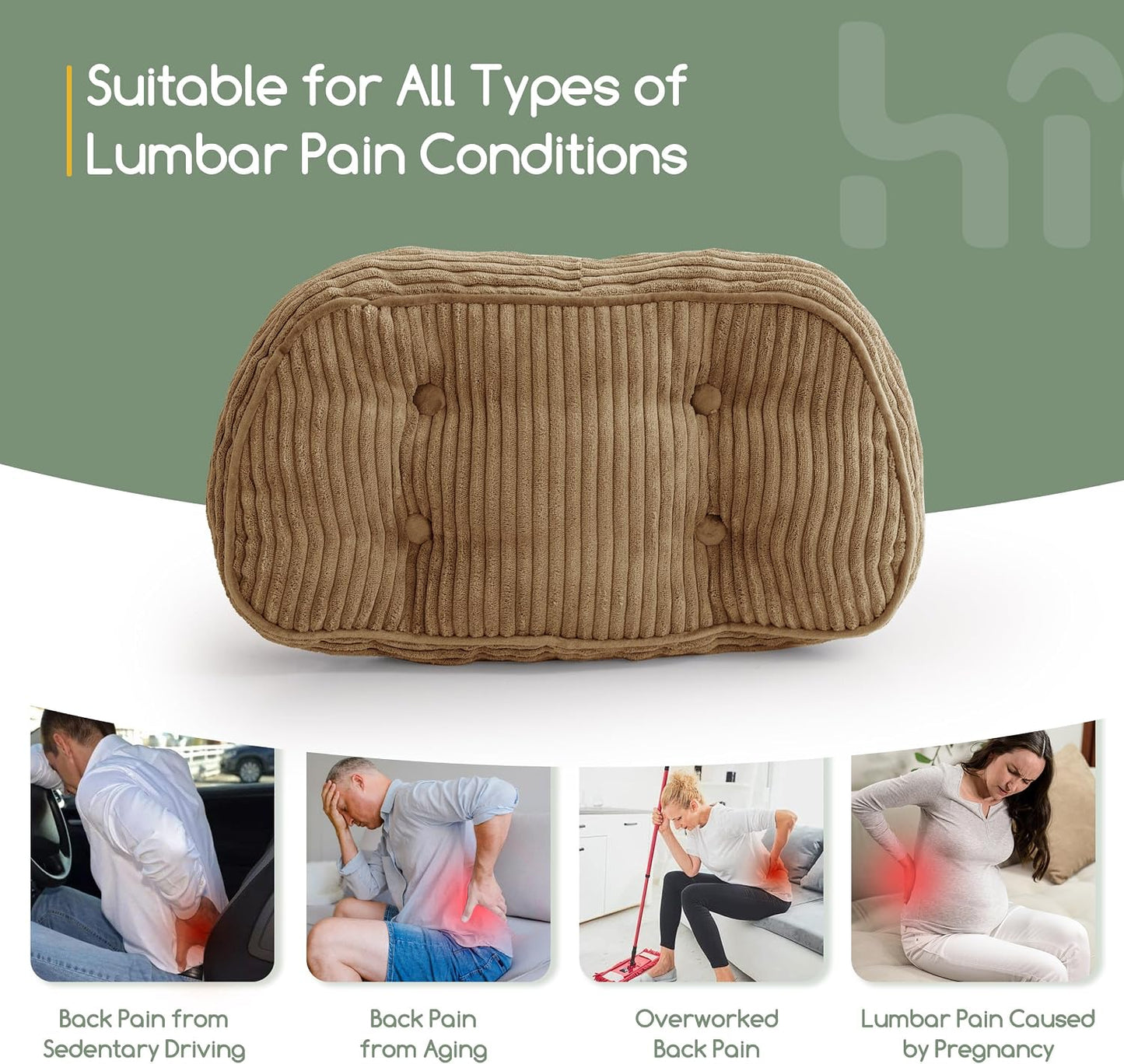 HIGOGOGO Lumbar Support Pillow for Recliner Chair/Accent Chair/Couch/Office Chair, Tufted Corduroy Back Support Cushion for Elderly, Recliner Cushions for Back Rest, Pain Relief, Reading, Brown