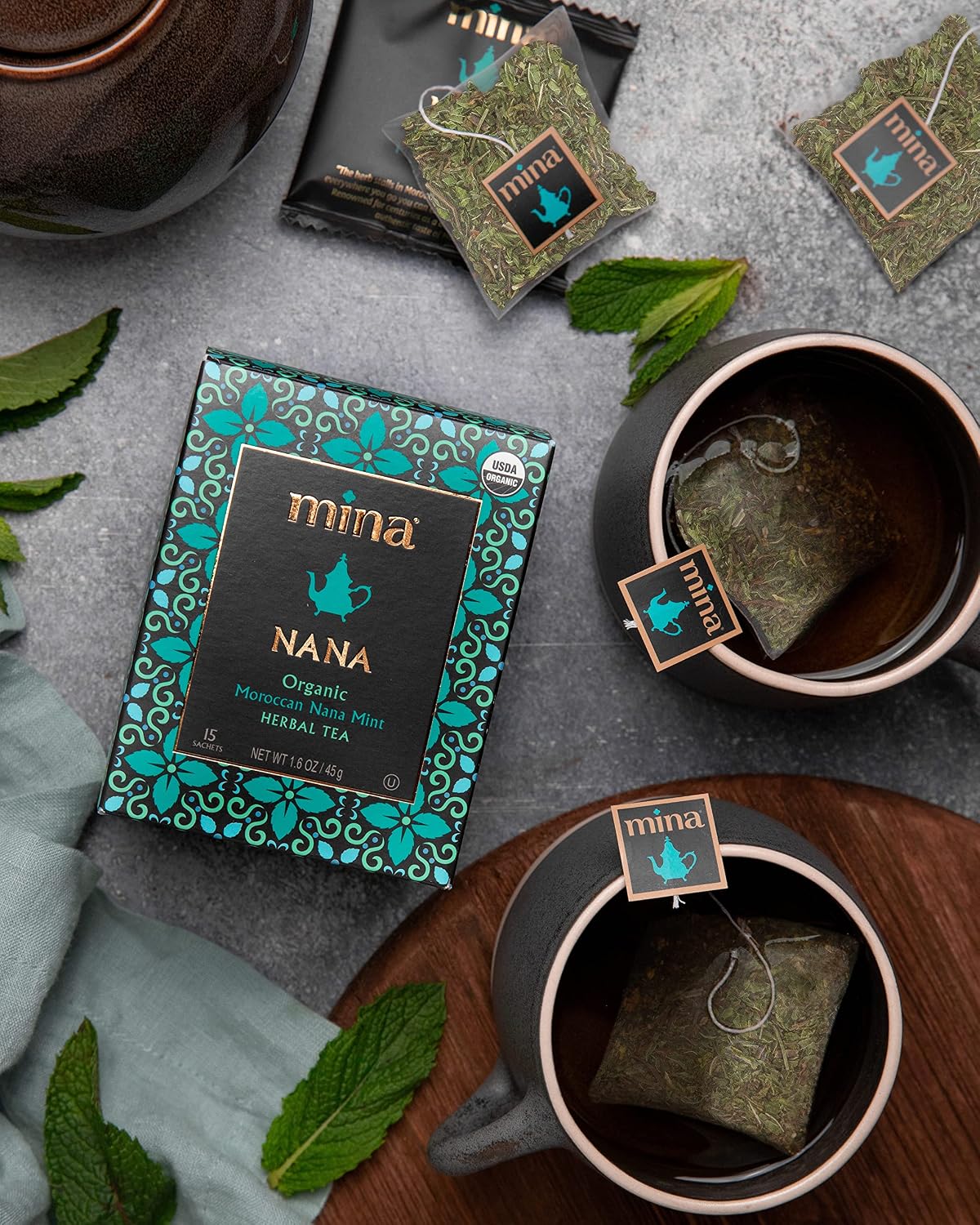 Mina Nana Organic Moroccan Mint Herbal Tea, 15 Biodegradable Sachets - Refreshing Moroccan Mint Tea Bags, Herbal Tea, Caffeine-Free Tea Bags