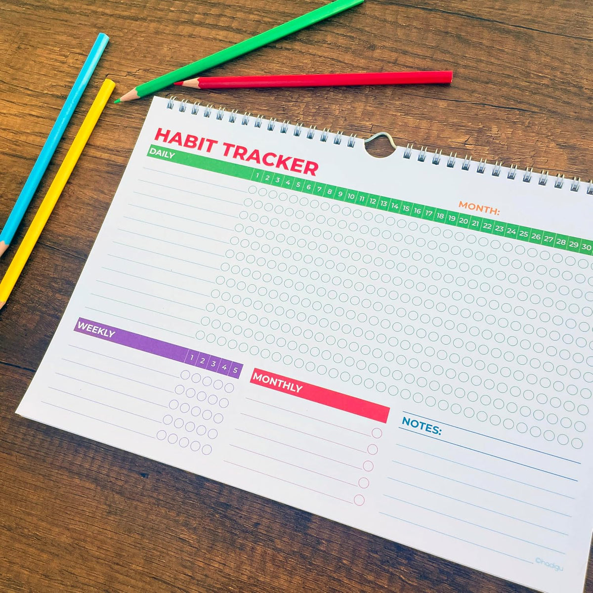 Hadigu Habit Tracker Calendar (Undated 12 Month) with Spiral Bound and Hanger, A4 size (8.3"x11.7"), Habit Planner, Daily Weekly and Monthly Tracker, Colorful Layout
