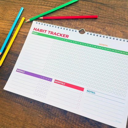 Hadigu Habit Tracker Calendar (Undated 12 Month) with Spiral Bound and Hanger, A4 size (8.3"x11.7"), Habit Planner, Daily Weekly and Monthly Tracker, Colorful Layout