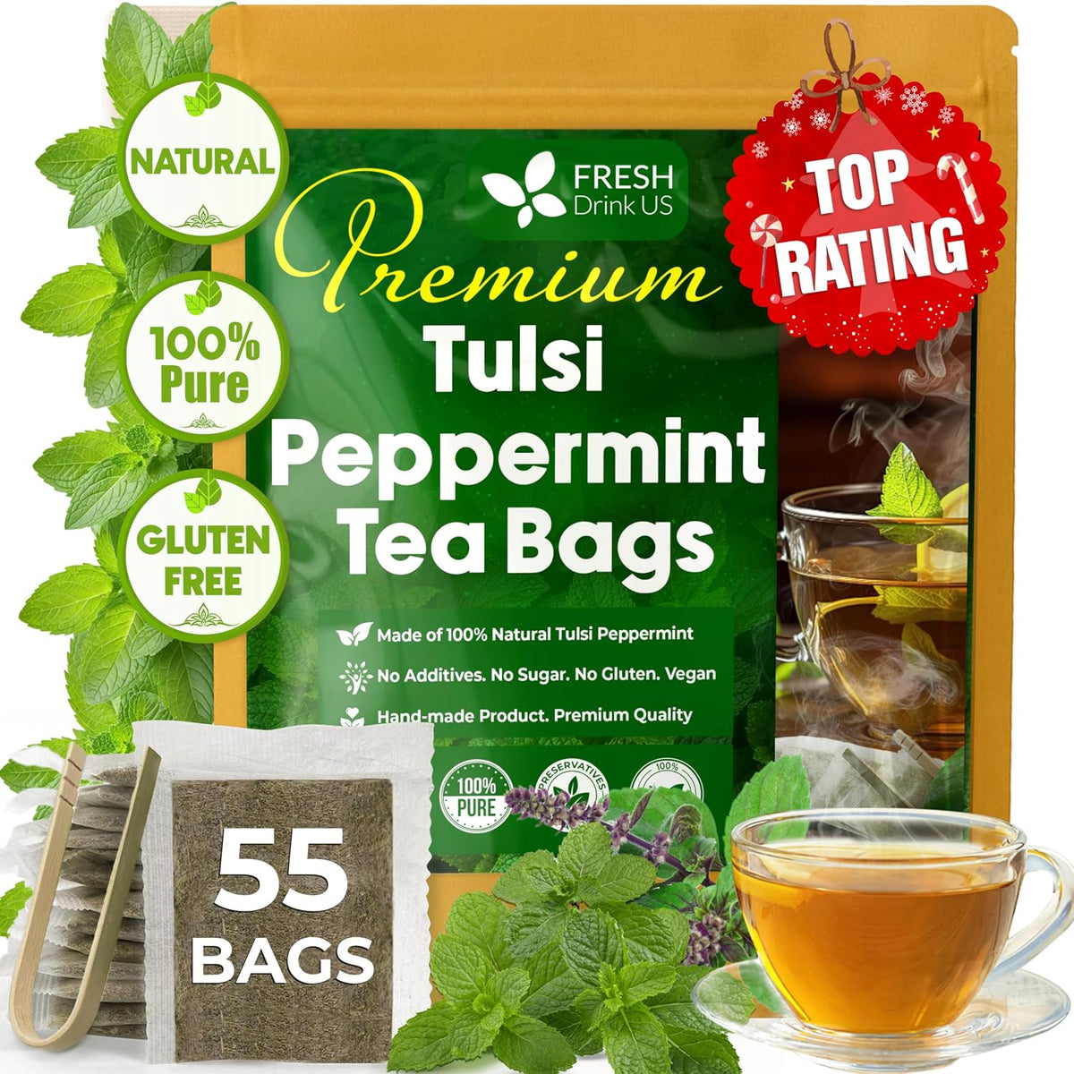 FreshDrinkUS, Premium Tulsi Peppermint Herbal Tea – 55 Tea Bags, 100% Natural, Blend of Tulsi Holy Basil Leaves, and Peppermint Leaves. Made with Natural Material Tea Bags. No Sugar, Vegan.