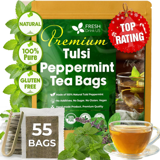 FreshDrinkUS, Premium Tulsi Peppermint Herbal Tea – 55 Tea Bags, 100% Natural, Blend of Tulsi Holy Basil Leaves, and Peppermint Leaves. Made with Natural Material Tea Bags. No Sugar, Vegan.