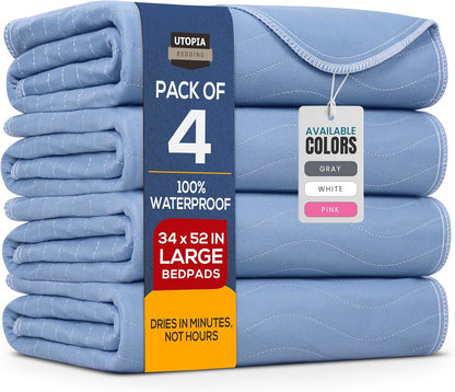 Utopia Bedding Washable Underpads 34" x 36" (Pack of 4), Waterproof Reusable Heavy Absorbency Incontinence Bed Pads for Adults, Kids, Elderly and Pets, Bedwetting Pads for Sofa and Couch (Blue)