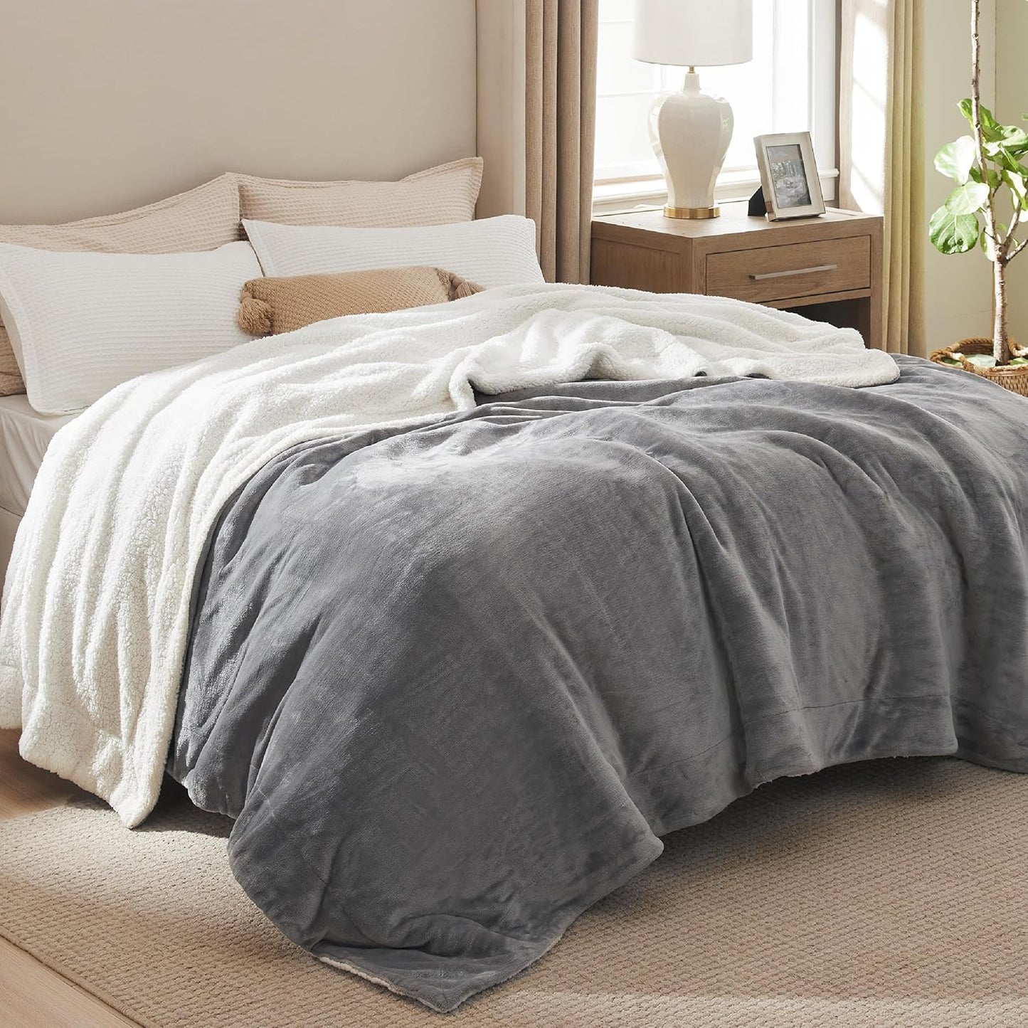 Bedsure GentleSoft Sherpa Fleece Throw Blanket for Couch, Non-Heated, Thick & Warm Cozy Blanket for Winter, Soft Fuzzy Plush Throw Gifts for Women and Men, Grey, 50x60 Inches