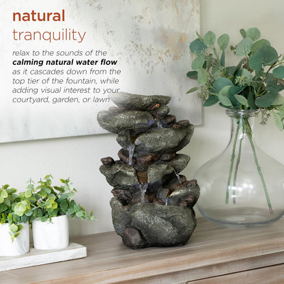 Alpine Corporation 13" Tall Indoor Tabletop Water Fountain, 4 Tier Cascading Water Feature with LED Lights for Home, Office, Living Room, or Zen Decor, Gray