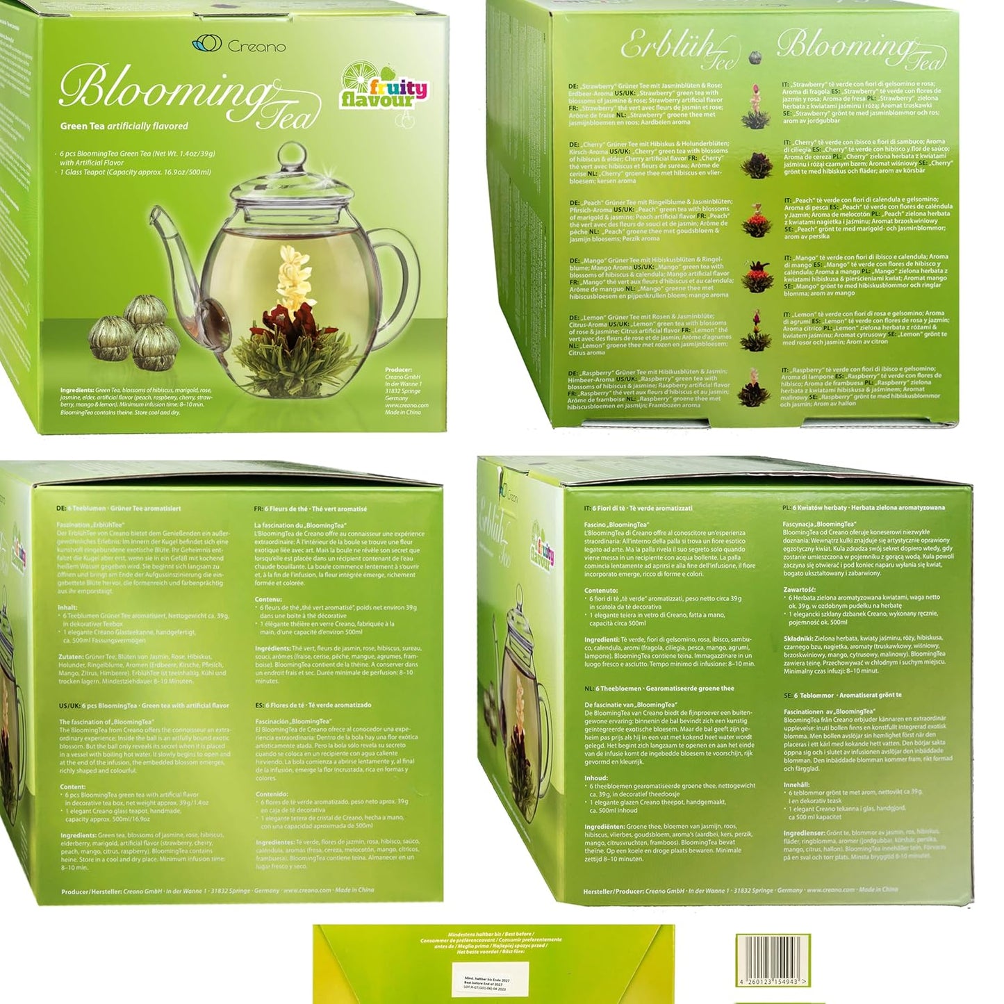 Creano Blooming Tea Gift Set with Glass Teapot 17oz (500ml) - Green Tea Fruity Flavoured Tea Flowers in 6 Varieties - Flowering Tea Gift for Easter