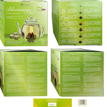 Creano Blooming Tea Gift Set with Glass Teapot 17oz (500ml) - Green Tea Fruity Flavoured Tea Flowers in 6 Varieties - Flowering Tea Gift for Easter