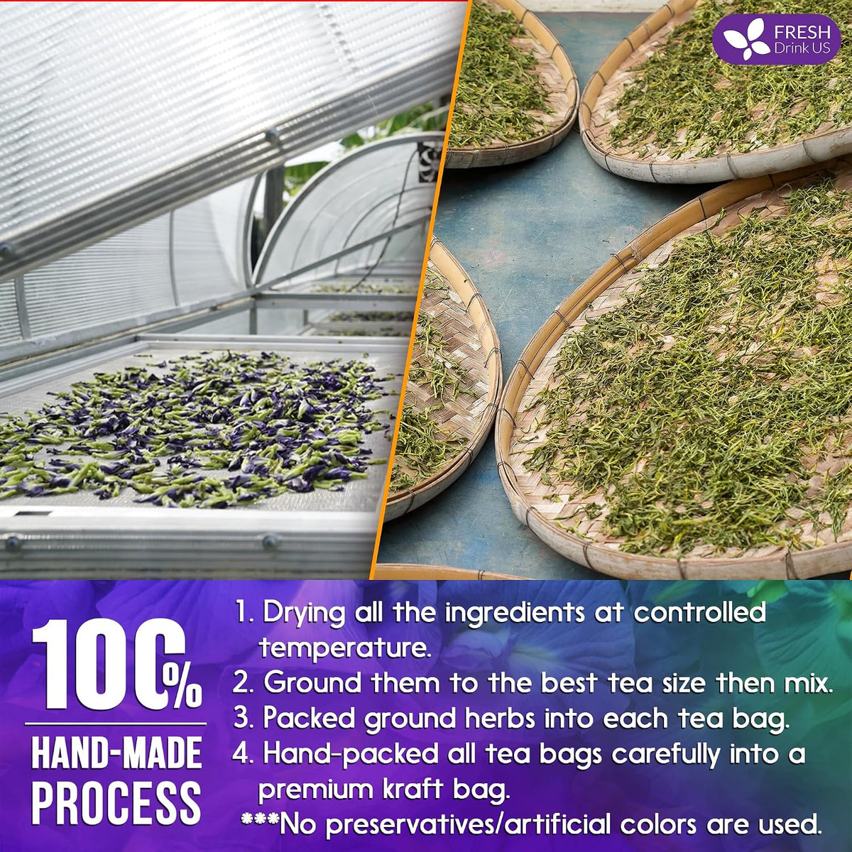 FreshDrinkUS, Clarity Calm Butterfly Pea Flower Tea – 60 Tea Bags Herbal Blend of Butterfly Pea Flower, Rosemary, Moringa, Lemongrass & Licorice Root – Caffeine-Free. Sugar-Free. Gluten-Free. Vegan