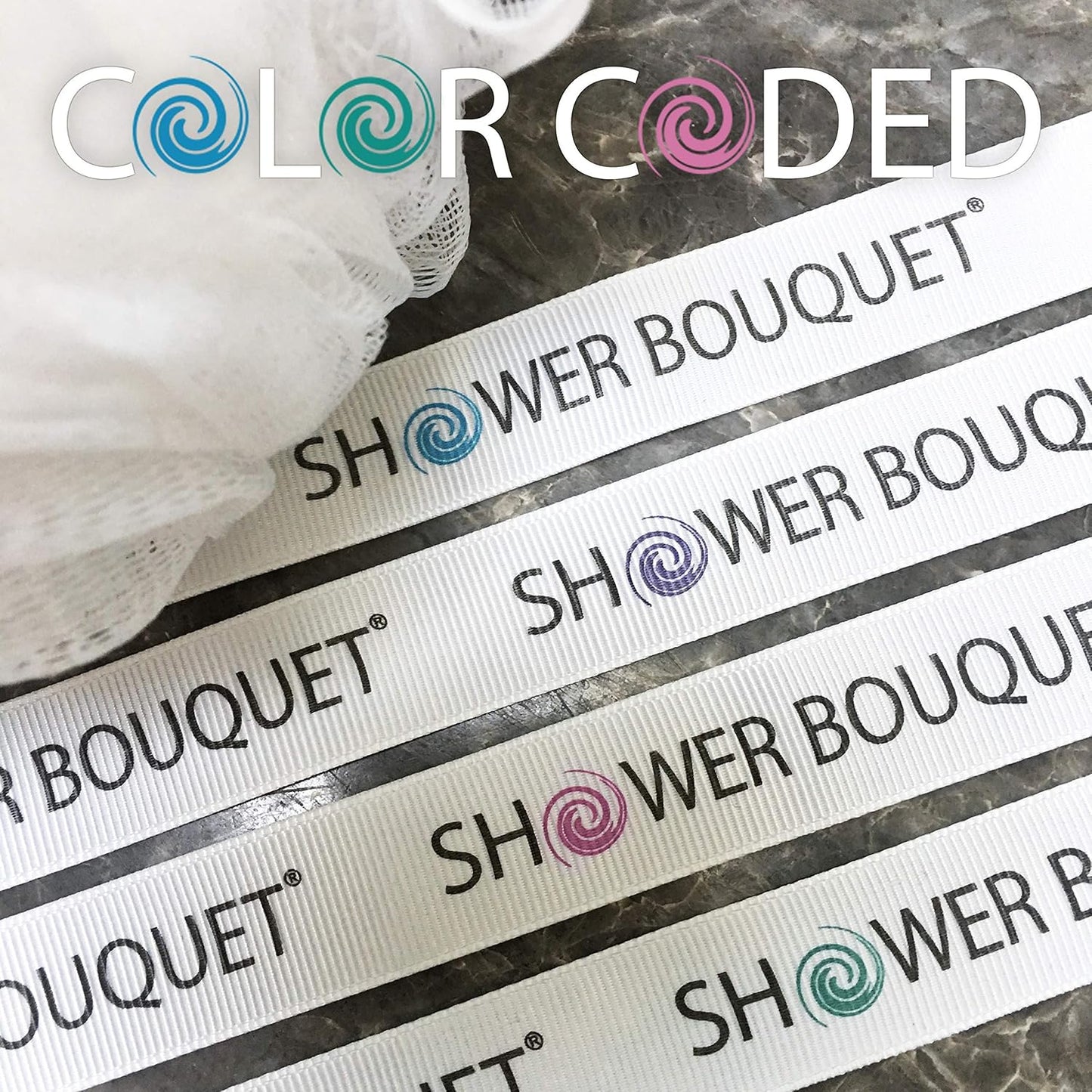 SHOWER BOUQUET Loofah-Charcoal Bath-Sponge XL-Color-4-Pack // Extra Large 75g Soft Mesh Black Luffa Loofa Loufa Puff Set/Exfoliating Body Scrubber for Women and Men - Exfoliate & Soothe Face & Body