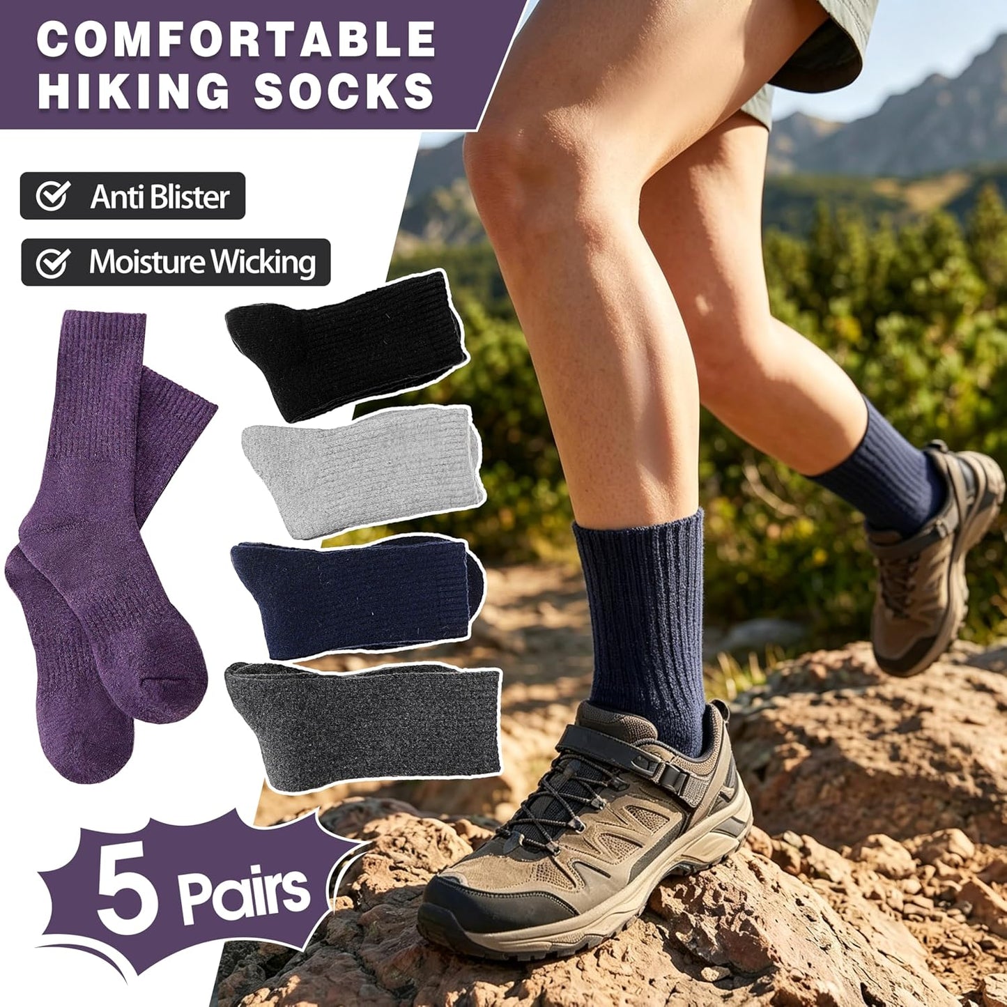 MOGGEI 5 Pairs Womens Merino Wool Socks Hiking Warm Winter Thick Thermal Crew Cozy Cabin Ladies Gift Comfy Boot Work Socks
