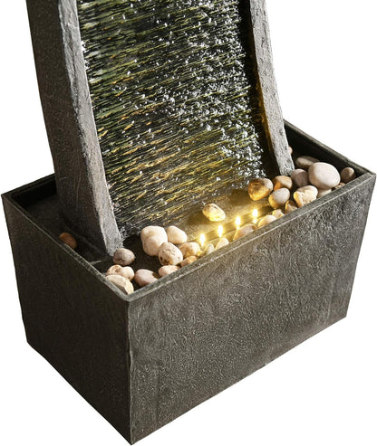 Teamson Home 38.58 in. Modern Curved Faux Slate Waterfall Fountain for Indoors or Outdoors with LED Light Accents and 1.98-Gallon Pump, Black and Stone Gray | Freestanding Floor Garden Waterfall, LED Lights, Weatherproof Polyresin, For Patio & Yard