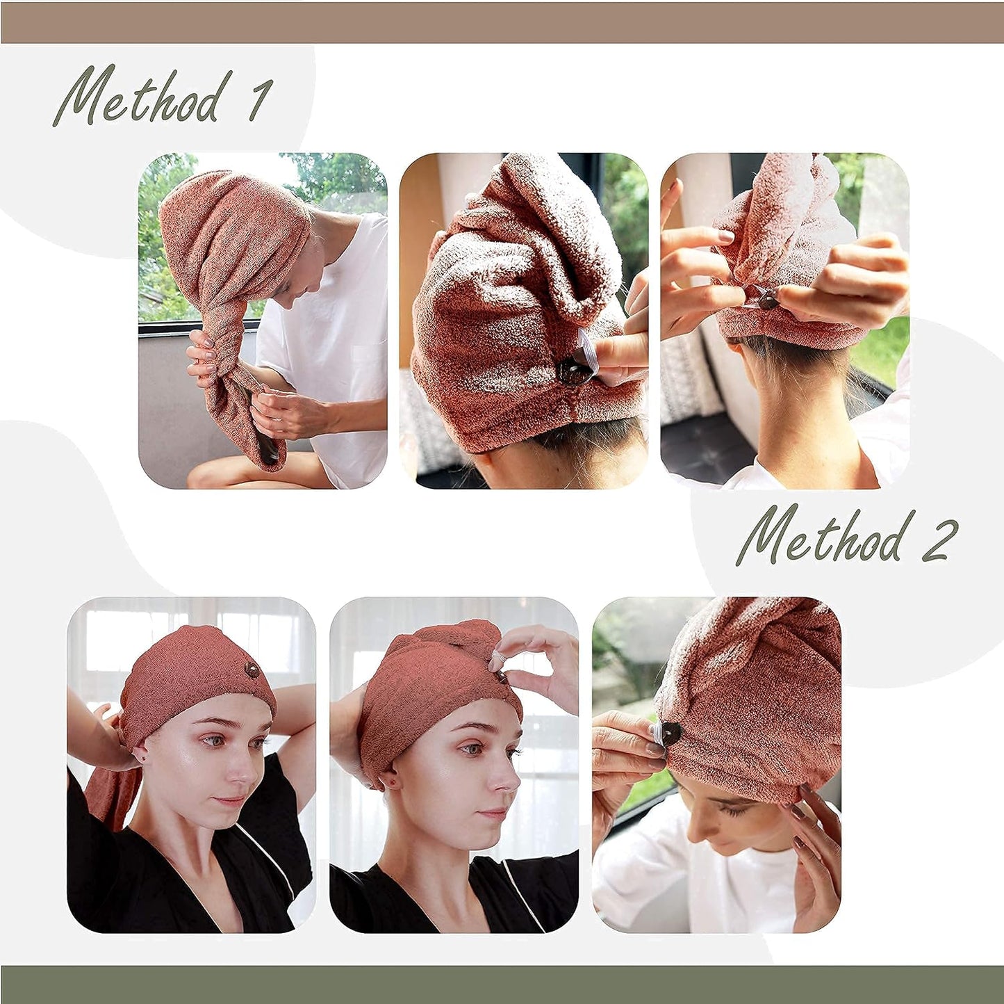 myHomeBody Hair Towel Wrap, Luxury Quick Drying Turban, Ultra Soft Absorbent Charcoal Fiber Cap, with Coconut Shell Button – Gray