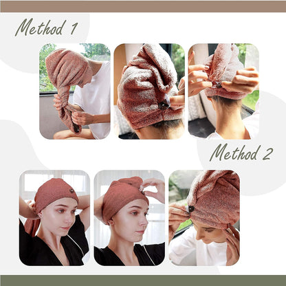 myHomeBody Hair Towel Wrap, Luxury Quick Drying Turban, Ultra Soft Absorbent Charcoal Fiber Cap, with Coconut Shell Button – Gray
