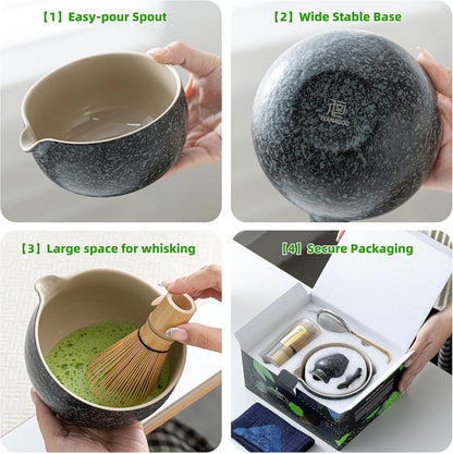 TEANAGOO Matcha Whisk Set Black,7 Pcs Matcha Set,Matcha Kit for Ceremony,Tradition Tea Set for Making Breakfast/Latte,Matcha Whisk Set with Bowl(Chawan)/Whisk and Holder,Gift for Family/Friend