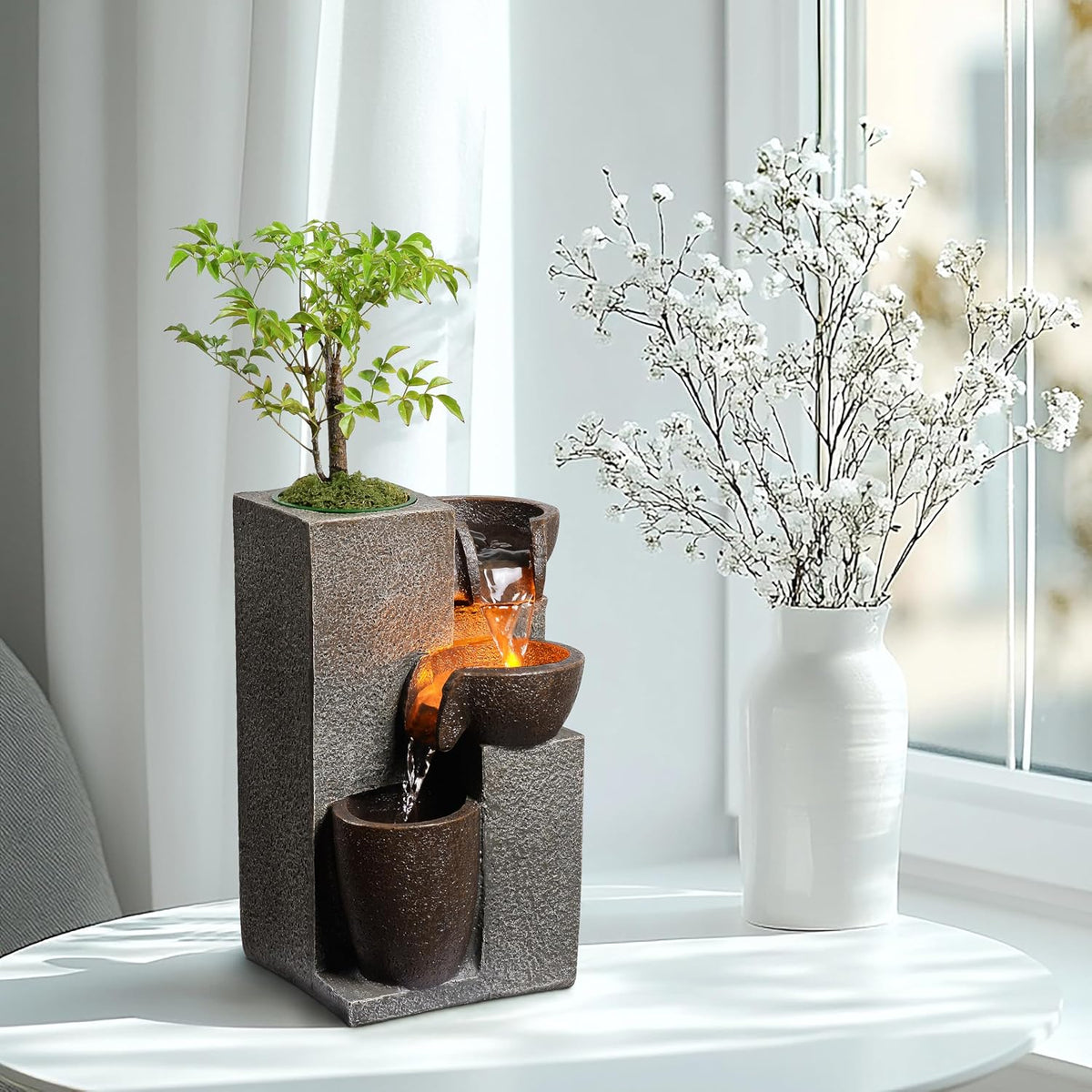 Resin Tabletop Waterfall Fountain with LED Light & Plant Pot, Indoor Desk Water Fountains for Home Office Decor (22028N)