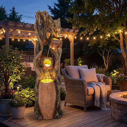 19.5" H 4-Tier Indoor & Outdoor Water Fountain with LED Lights | Resin Pebble Textured Tabletop Cascading Water Feature, Relaxing Decor for Patio, Porch, Deck, Yard & Home