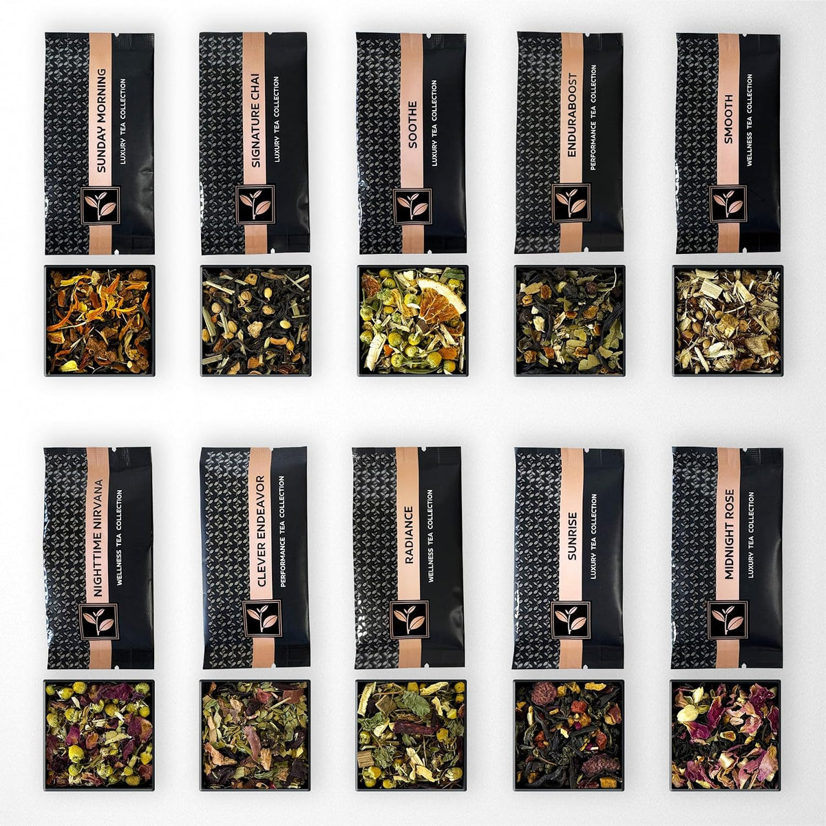 Pure And Easy Tea, Premium Tea Flight Gift Set, 30 Individual Loose Leaf Tea Packets, 10 Blend Tea Sampler, Herbal & Caffeinated Variety Pack, Luxury Gift Box, Makes 60 Cups