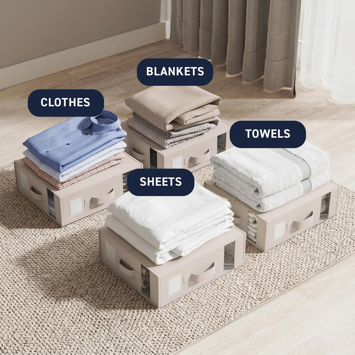 Ornavo Home Linen Bed Sheet Organizer Bins 4 Pack, With Handles, Beige