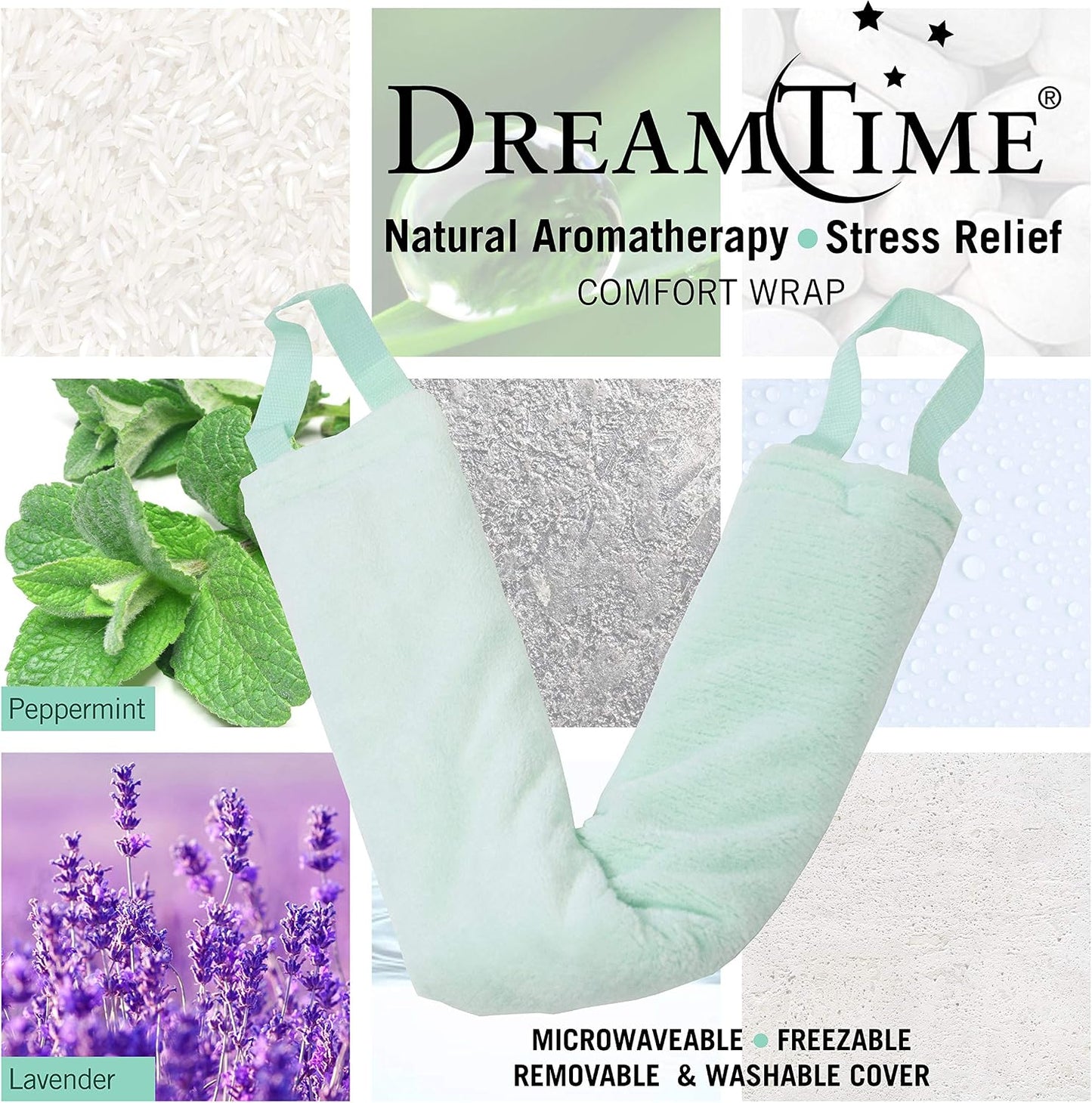 DreamTime Hot or Cold Neck Wrap, Microwaveable Heating Pad for Shoulders, Calming Lavender and Peppermint Aromatherapy, Freeze to Soothe Pain, Soft Silky Spa Pillow