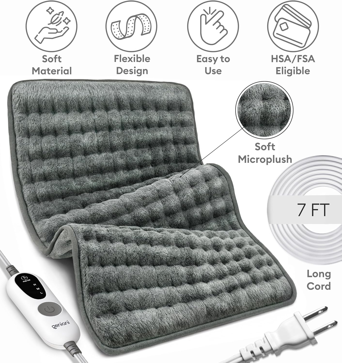 GENIANI Electric Heating Pad for Back Pain & Cramps Relief, Electric Throw, Self Care Gifts for Women, Heating Pad for Neck & Shoulder, Machine Washable Microplush, Auto Shut Off (12"x24", Tabby Gray)