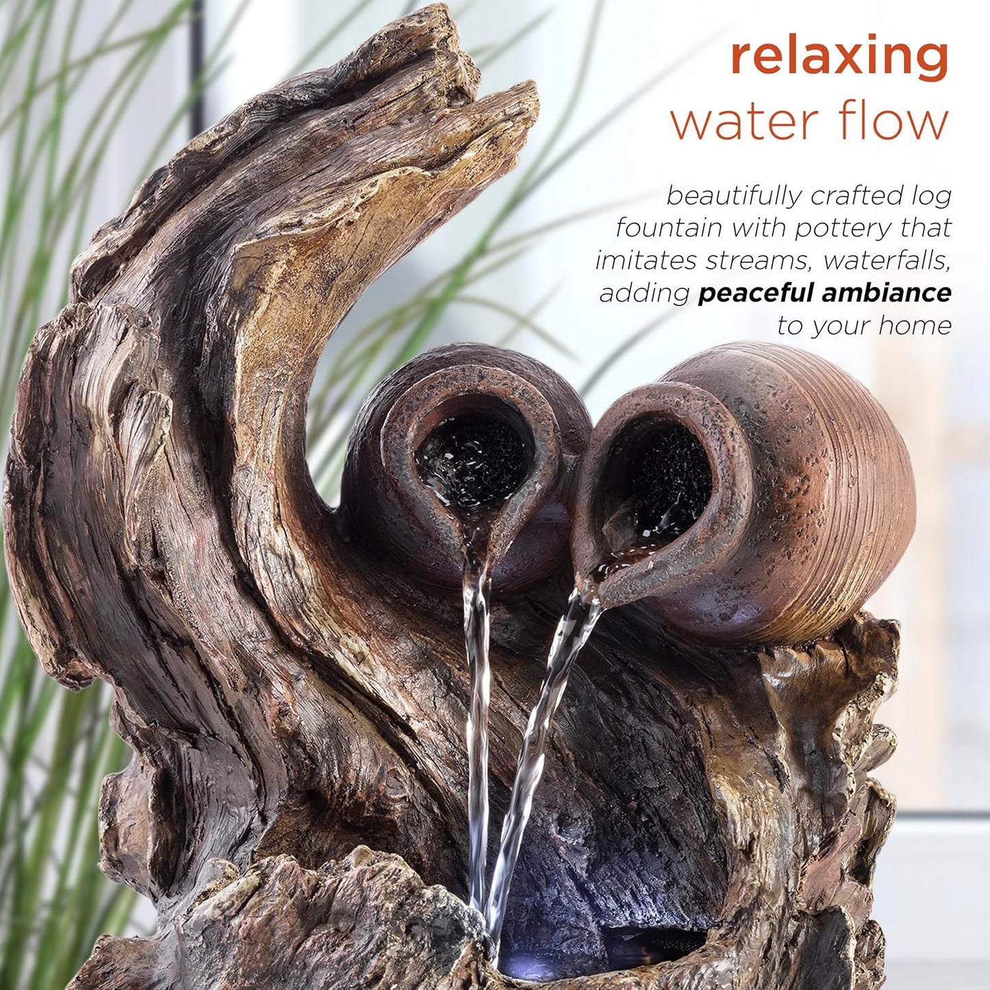 Alpine Corporation | 14"H Indoor Tiered Log Tabletop Fountain with LED Lights — Cascading Waterfall Design Creates Relaxing Ambiance for Home & Office Décor