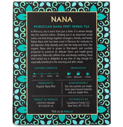 Mina Nana Organic Moroccan Mint Herbal Tea, 15 Biodegradable Sachets - Refreshing Moroccan Mint Tea Bags, Herbal Tea, Caffeine-Free Tea Bags