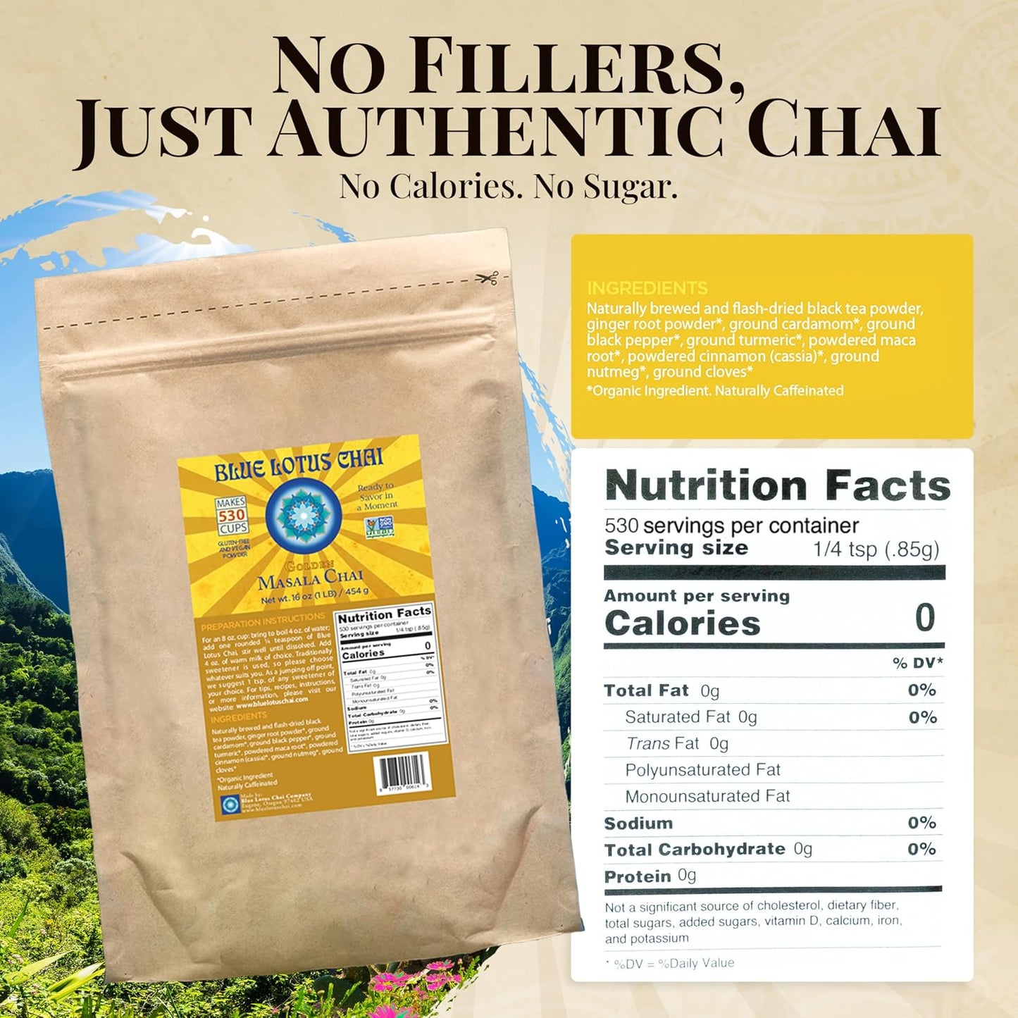 Blue Lotus Chai - Golden Masala Flavor Chai - Makes 100 Cups - 3 Ounce Masala Spiced Chai Powder with Organic Spices - Instant Indian Tea No Steeping - No Gluten