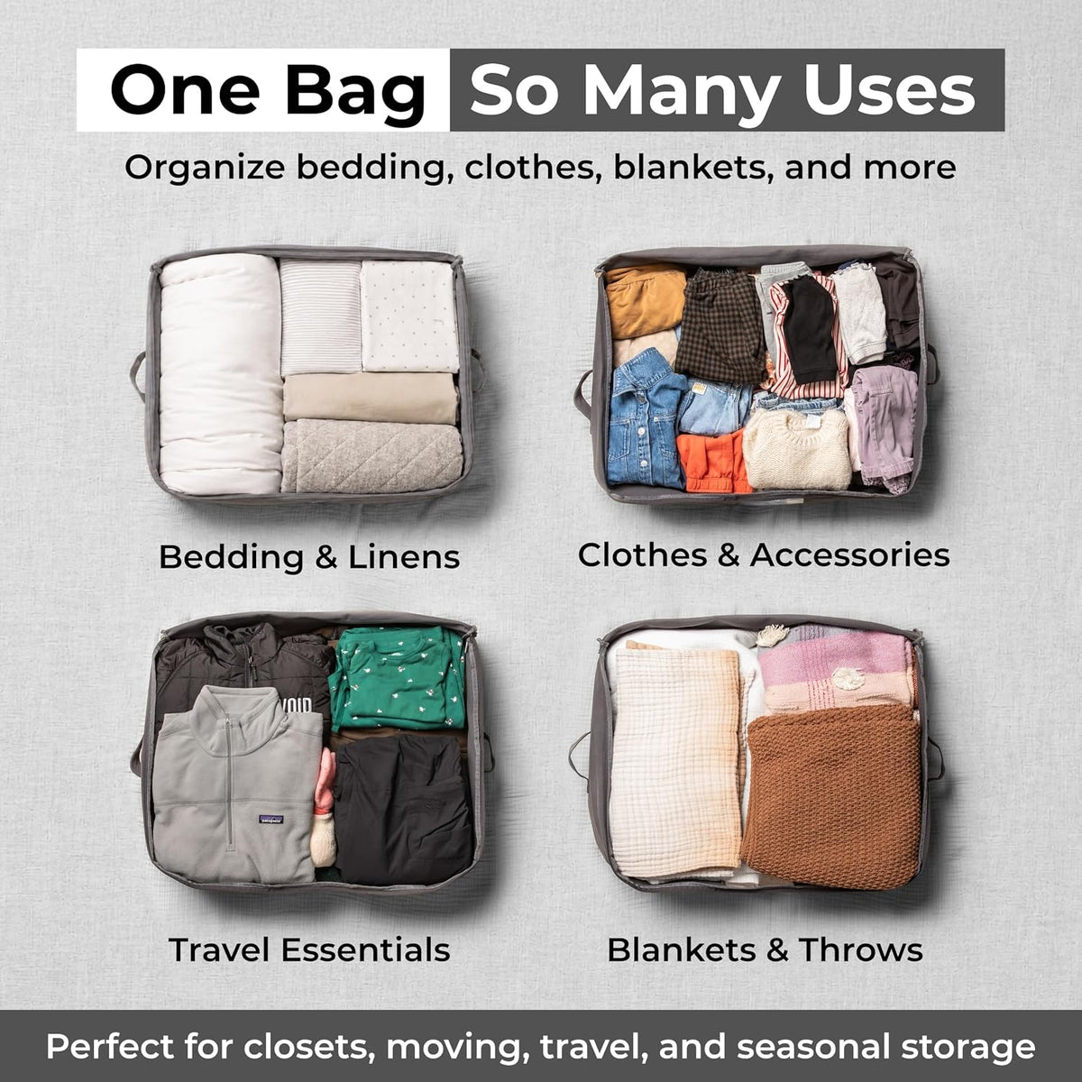 Soft Canvas Storage Bags with Zipper. Thick Breathable, 2pc King/Queen Comforter Organizer. Four Carrying Handles and Window. Large 25x19x9in Bag for Sheets Blankets Bedding Pillows, Clothes