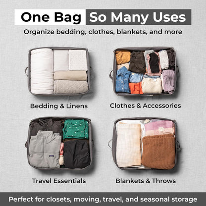 Soft Canvas Storage Bags with Zipper. Thick Breathable, 2pc King/Queen Comforter Organizer. Four Carrying Handles and Window. Large 25x19x9in Bag for Sheets Blankets Bedding Pillows, Clothes