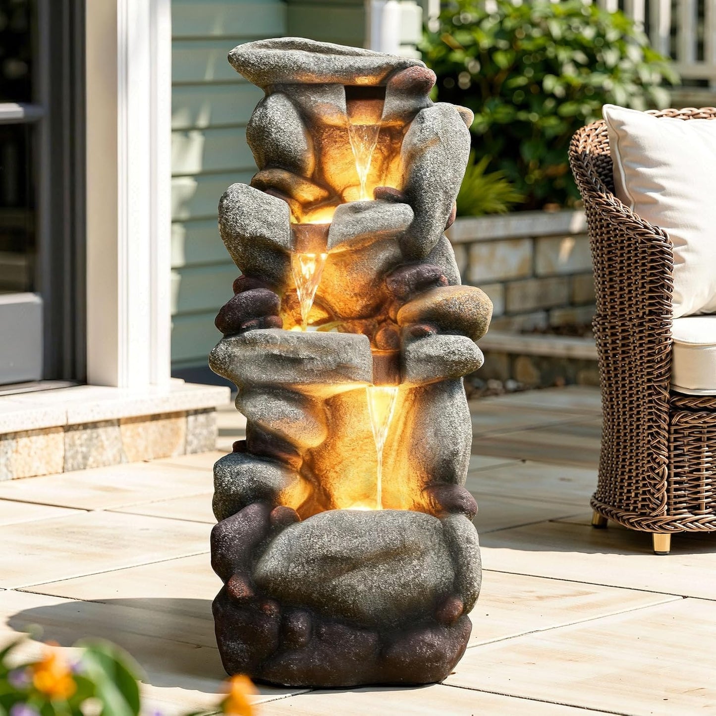 19.5" H 4-Tier Indoor & Outdoor Water Fountain with LED Lights | Resin Pebble Textured Tabletop Cascading Water Feature, Relaxing Decor for Patio, Porch, Deck, Yard & Home