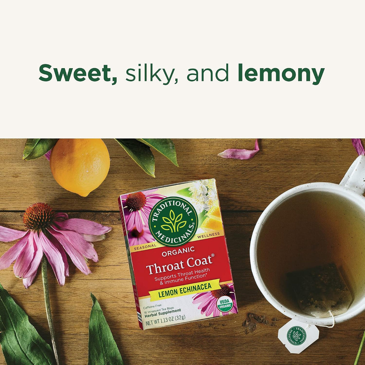 Traditional Medicinals, Organic Throat Coat Lemon Echinacea - Supports Throat Health - Kosher, Non-GMO, Caffeine-Free, Compostable, 16 ct